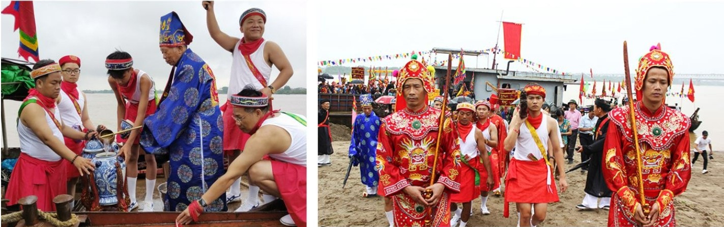 Nghi lễ rước nước của các lễ hội ven sông thể hiện sự gắn kết của đời sống văn hóa tinh thần người dân với dòng sông Hồng từ bao đời nay. (Ảnh: TTXVN)