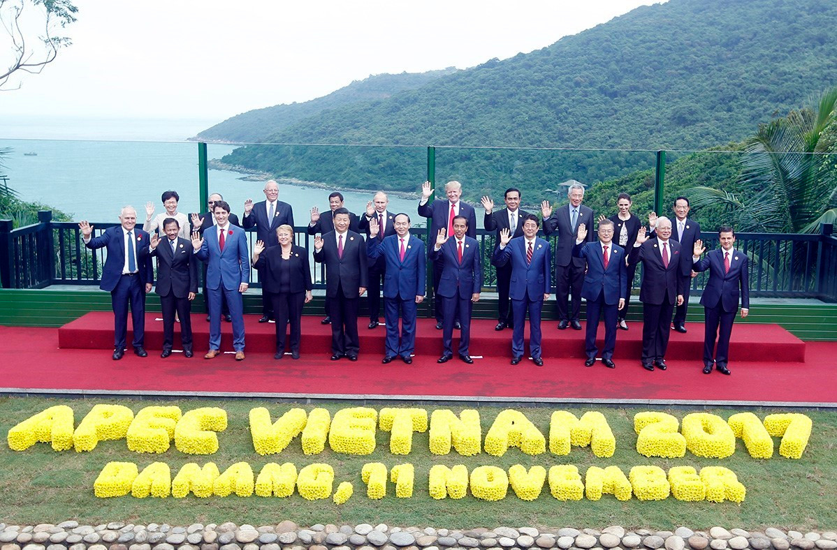 El presidente Tran Dai Quang y los jefes de delegación que asisten a la 25.ª Reunión de Líderes Económicos de la APEC posan para una foto de grupo, 11 de noviembre de 2017. (Foto: VNA)